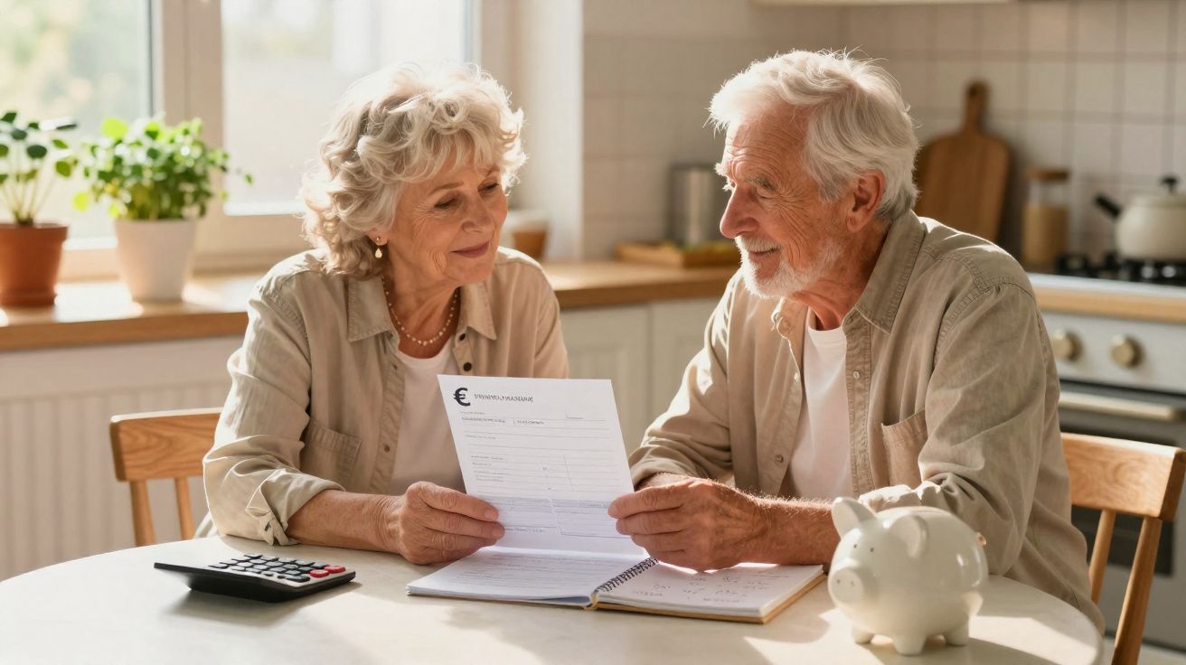 Casal de idosos sentado à mesa analisando documentos financeiros em ambiente doméstico.