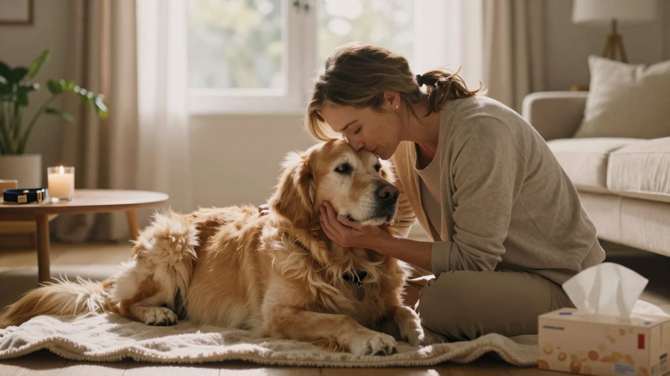 Mulher abraça e beija um golden retriever deitado em tapete em sala iluminada e aconchegante.
