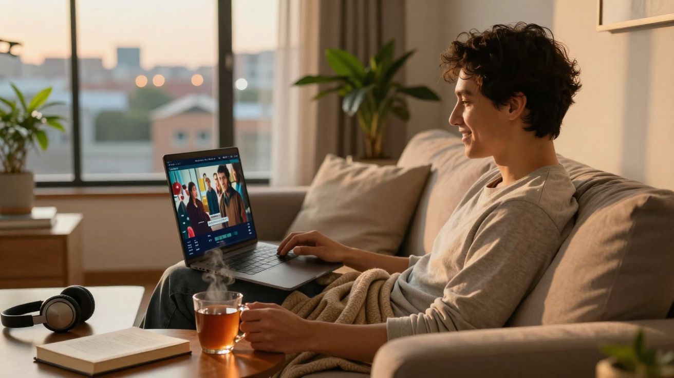 Pessoa sentada no sofá assistindo série no laptop com xícara de chá, livro e fones de ouvido na mesa.