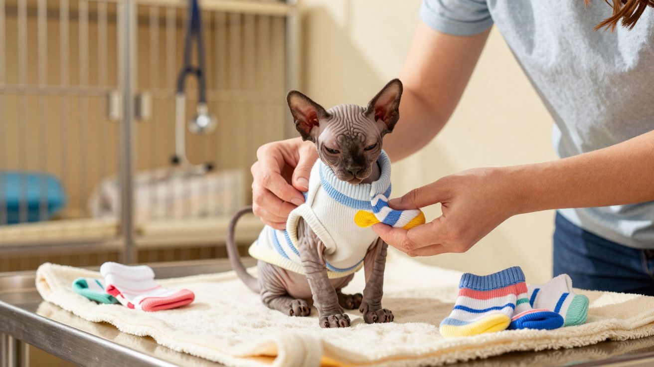 Pessoa vestindo gato sphynx com suéter branco e azul em mesa coberta por toalha em clínica veterinária.