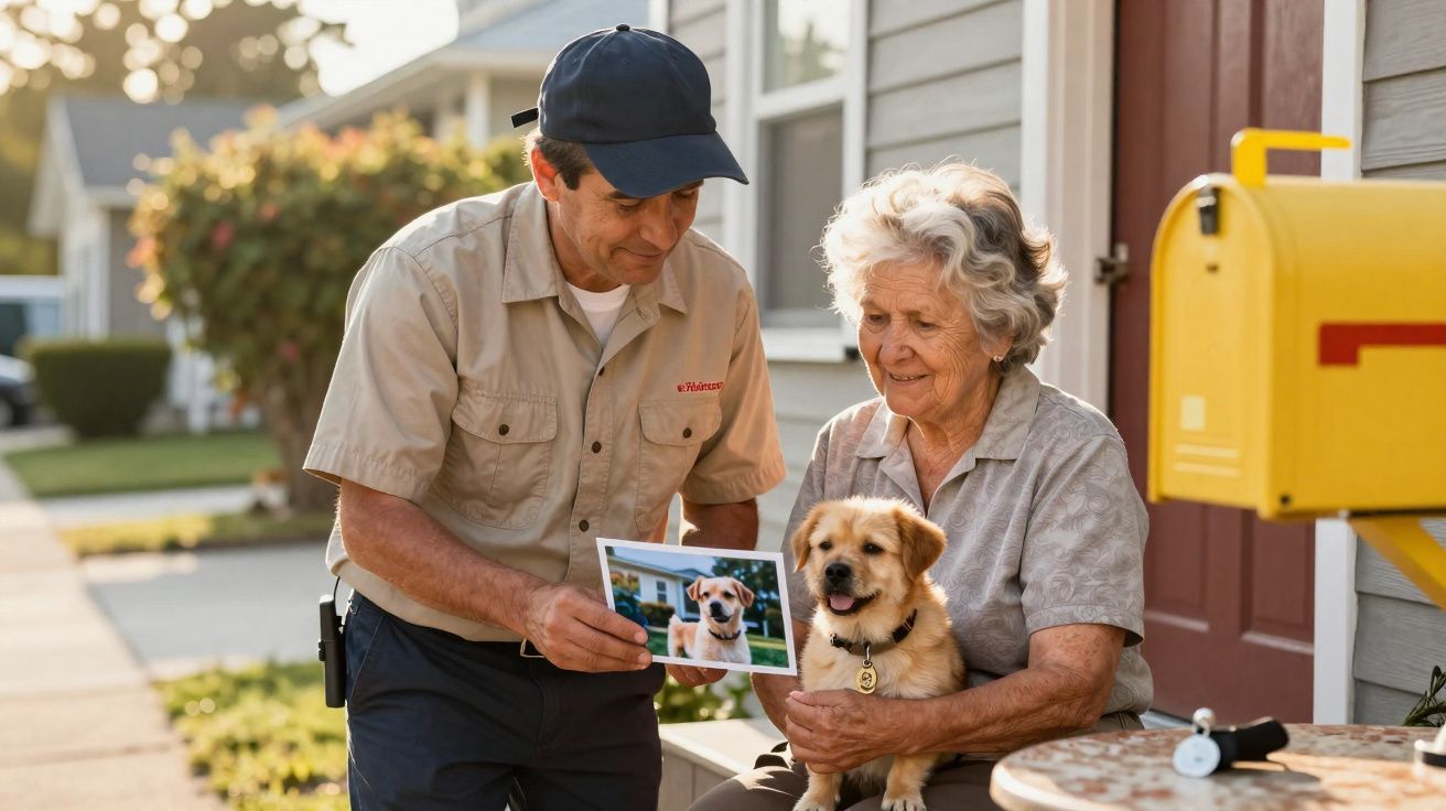 Homem entrega foto de cachorro para idosa que segura o cão sorrindo na varanda da casa.