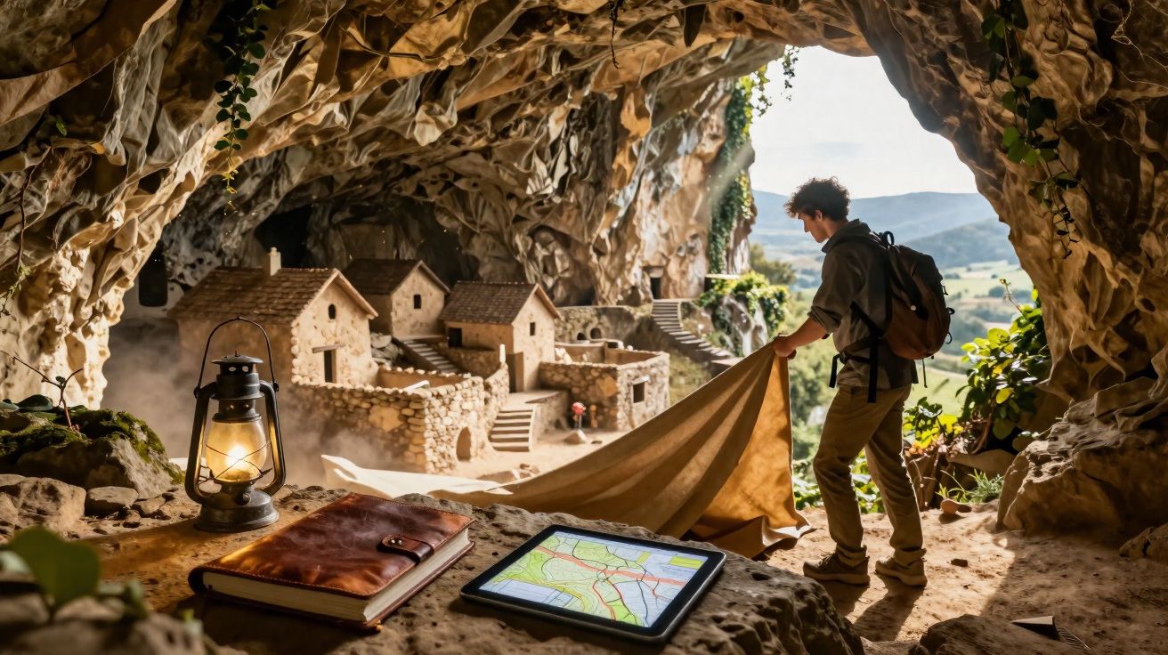 Pessoa com mochila abrindo barraca em caverna com mini vilarejo e tablet com mapa na frente.