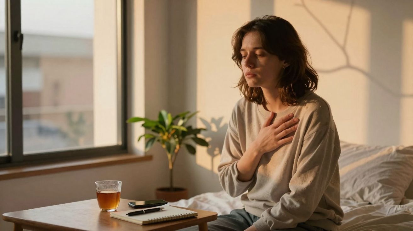 Mulher sentada na cama com a mão no peito, com expressão de desconforto ou dor, ao lado de um copo e caderno.