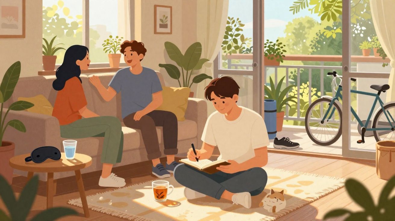Jovem escreve em caderno sentado no chão, casal conversa no sofá e gato dorme em sala iluminada.
