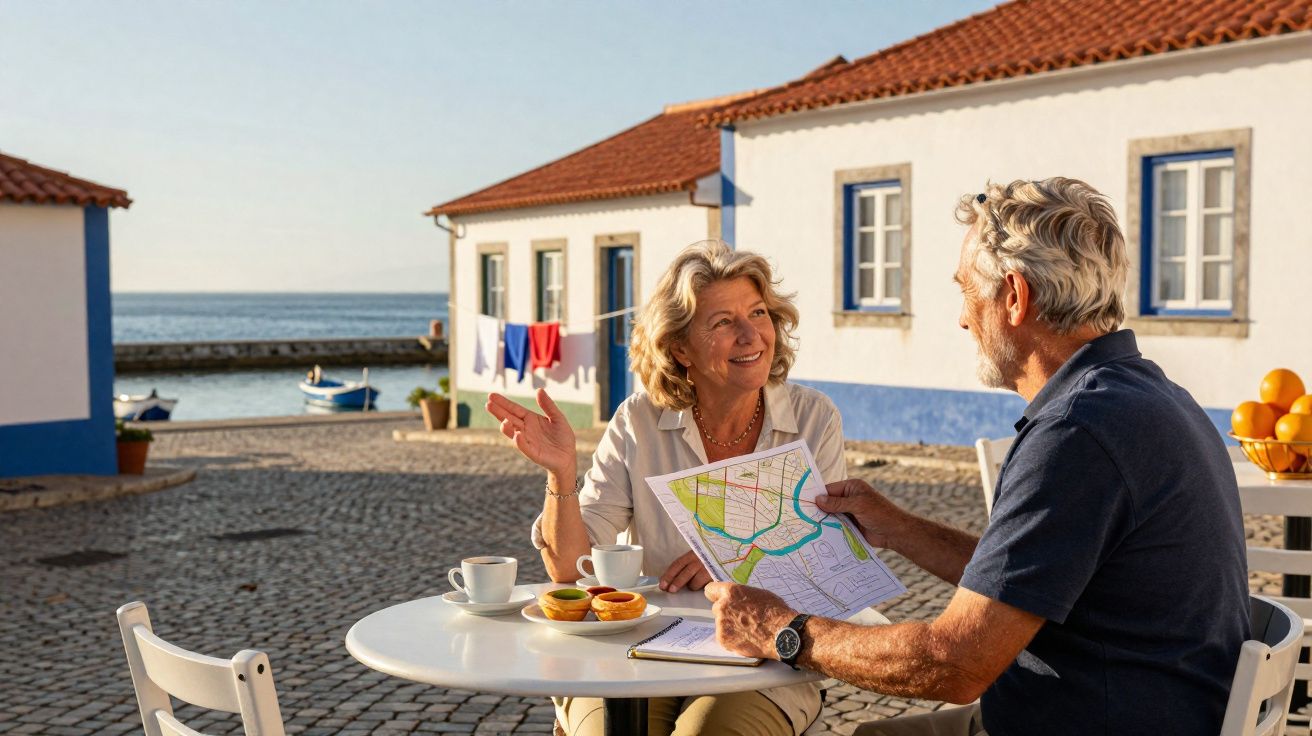 Casal sênior planejando passeio com mapa em mesa de café ao ar livre em vila à beira-mar.