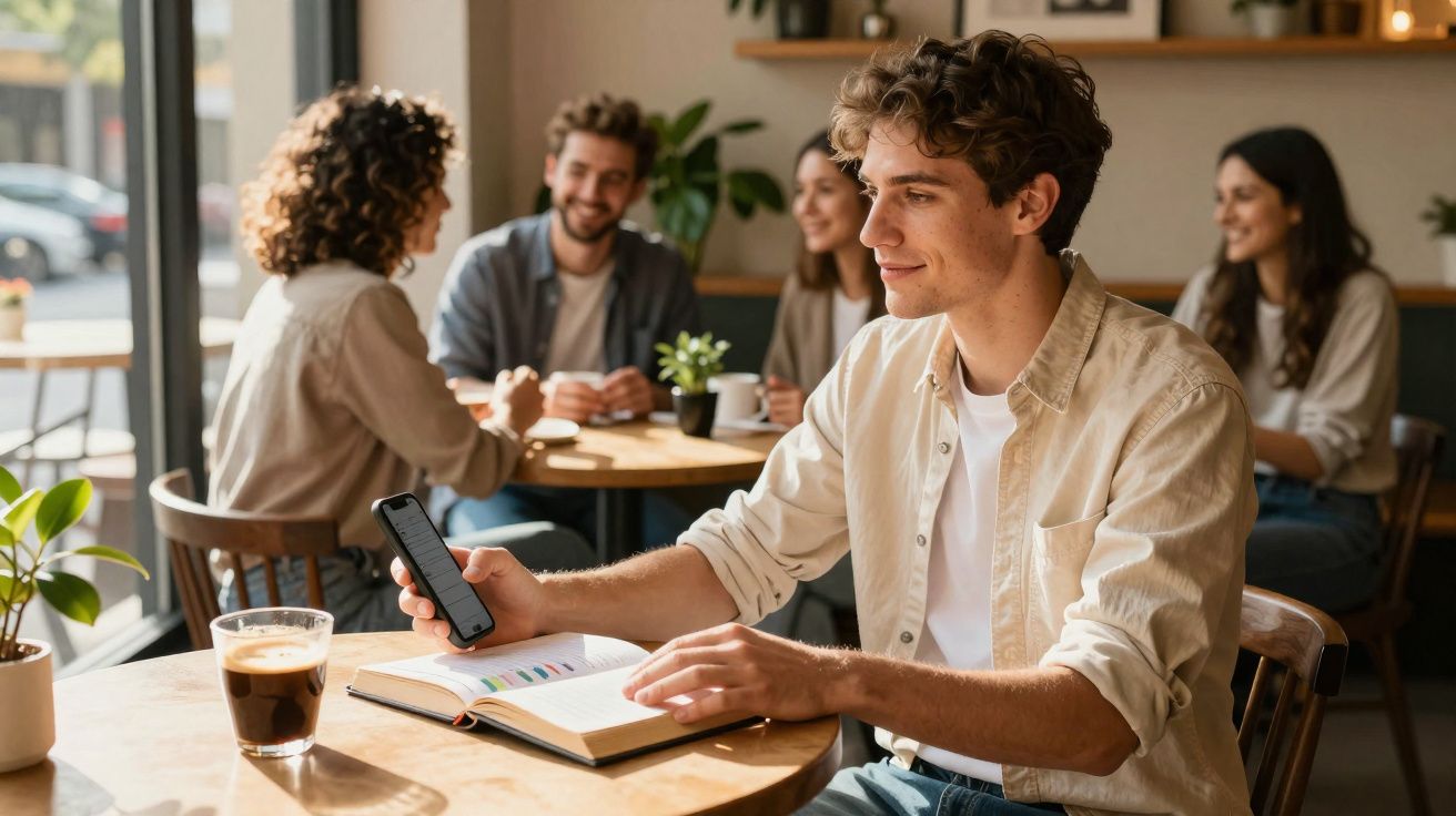 Jovem sentado em cafeteria com livro aberto e celular na mão, grupo conversando ao fundo.
