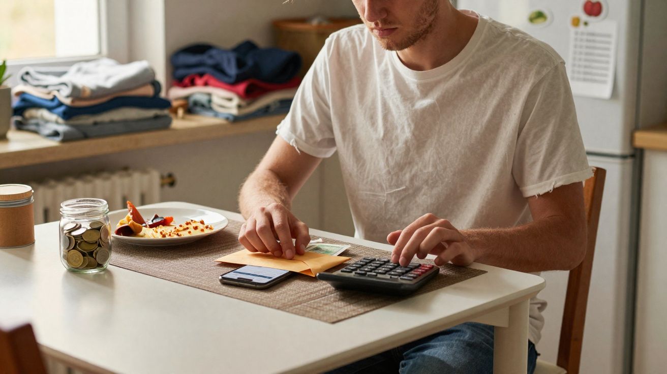 Homem sentado à mesa calculando despesas com calculadora, envelope e moedas ao lado.