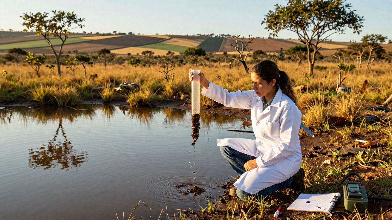 Mulher de jaleco coletando amostra de água e solo em lago rural para análise ambiental.