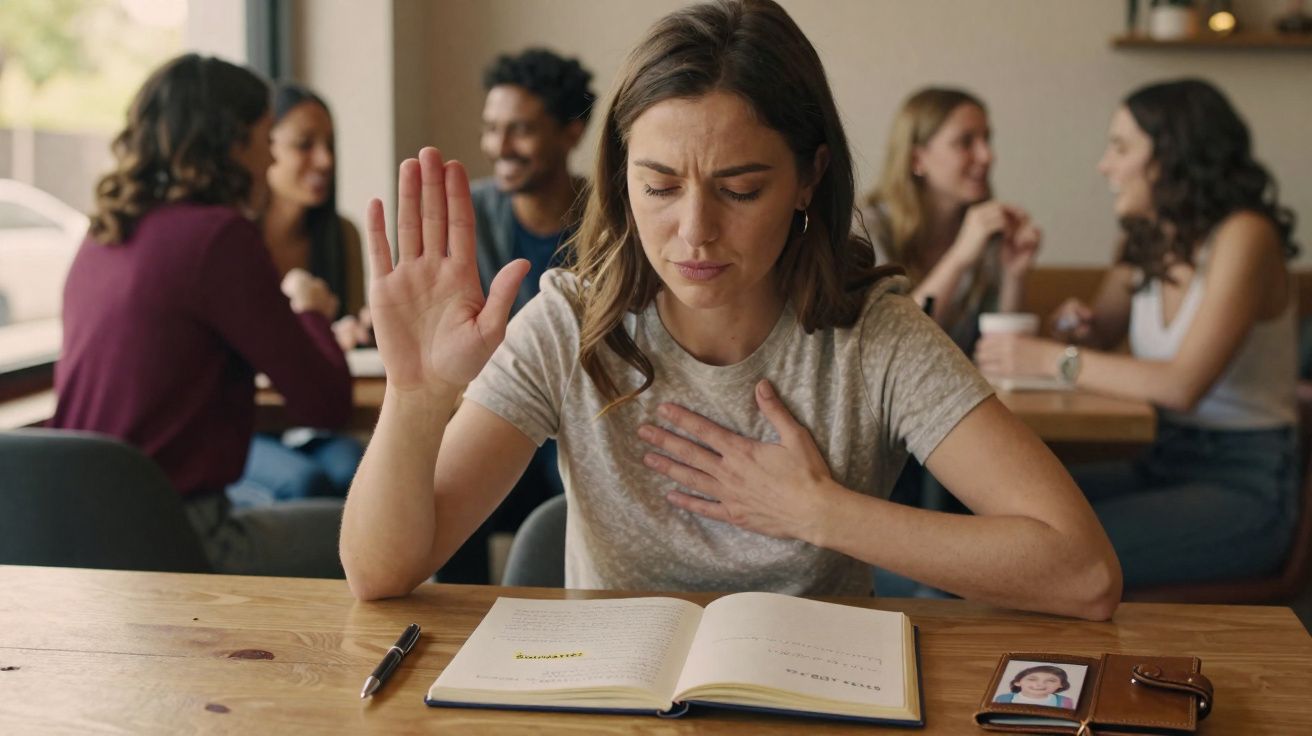 Mulher com expressão séria realizando juramento em ambiente de café, com pessoas ao fundo conversando.