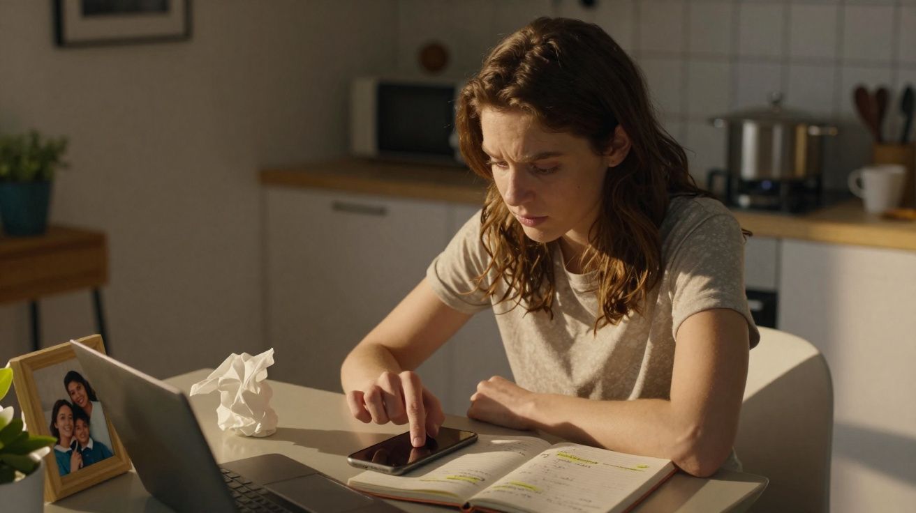 Mulher sentada à mesa, olhando preocupada para o celular com livro e laptop à sua frente na cozinha.
