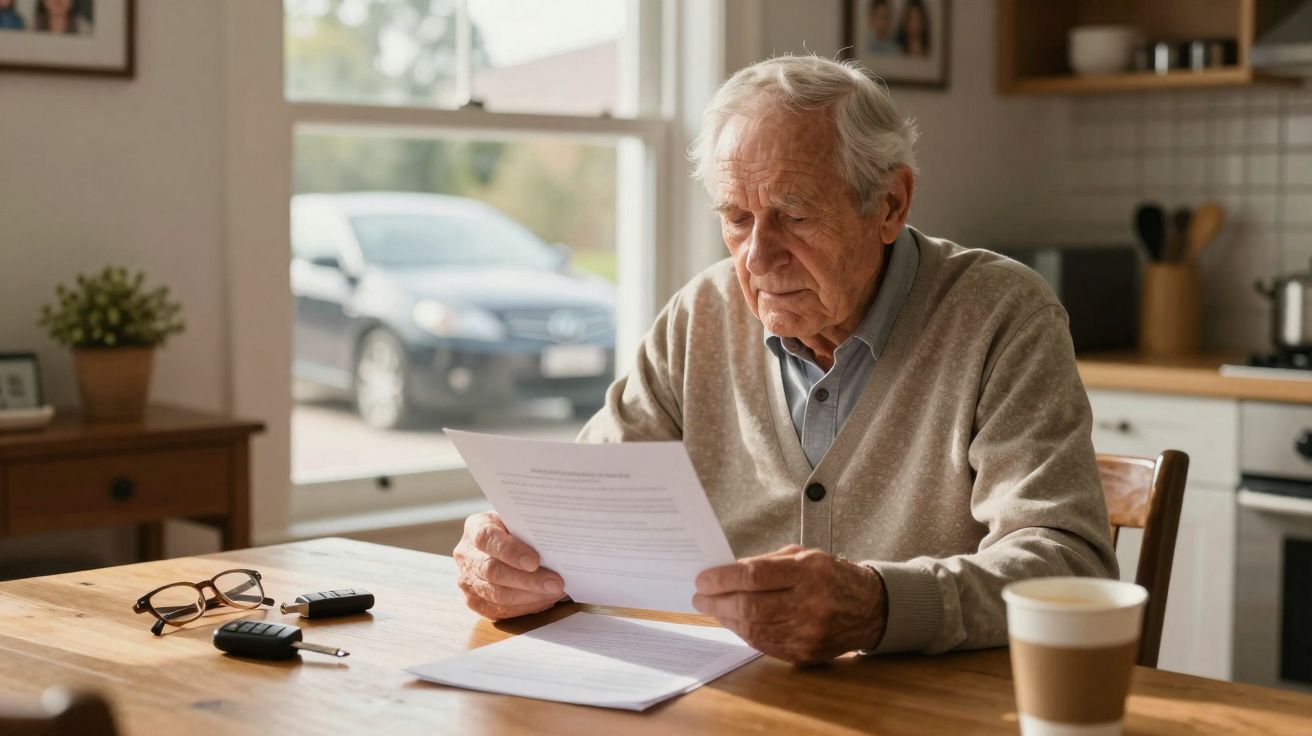 Homem idoso lendo documentos sentado à mesa em cozinha com xícara e óculos.