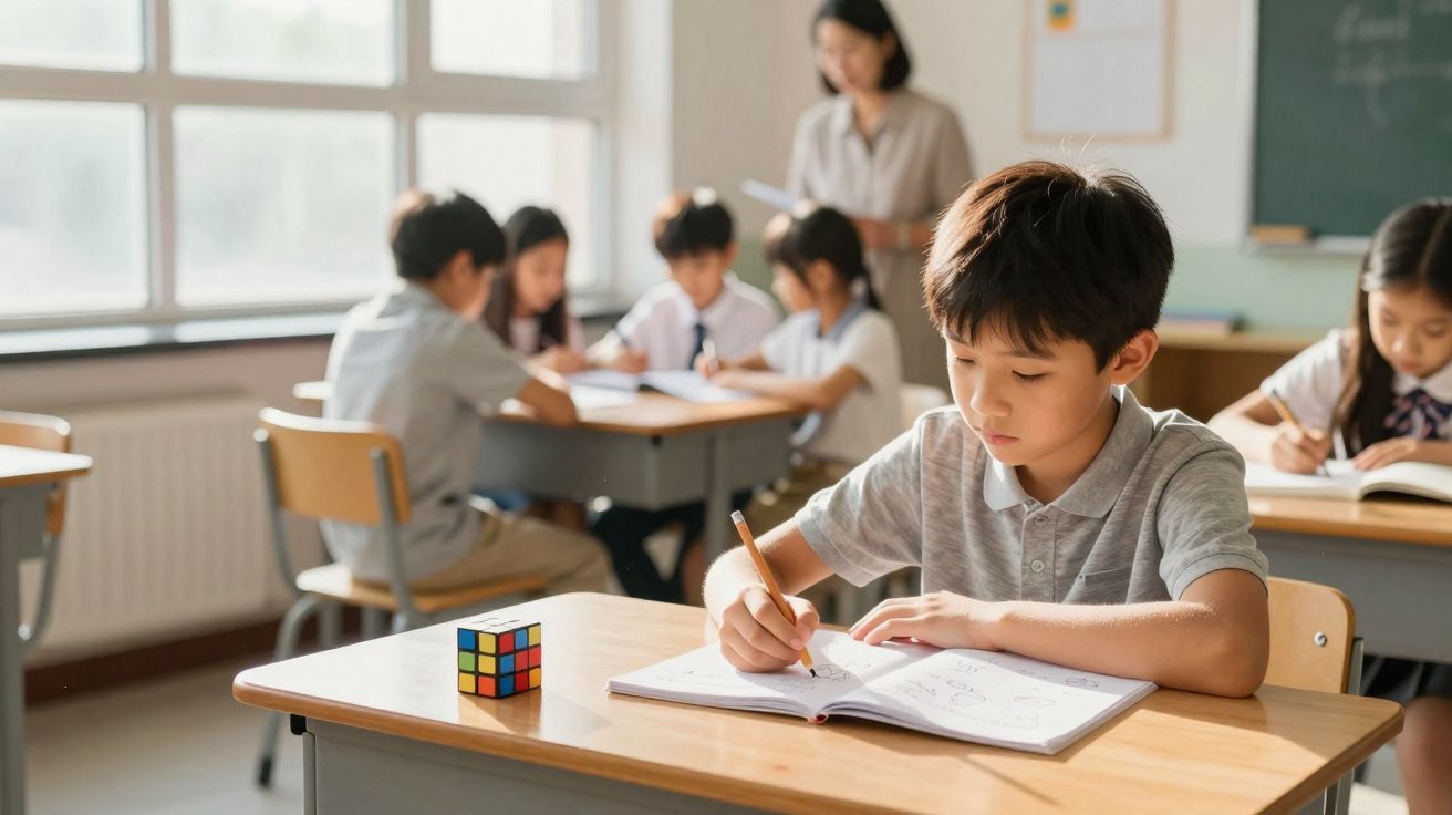 Criança estudando concentrada com caderno aberto, lápis na mão e cubo mágico na mesa em sala de aula.