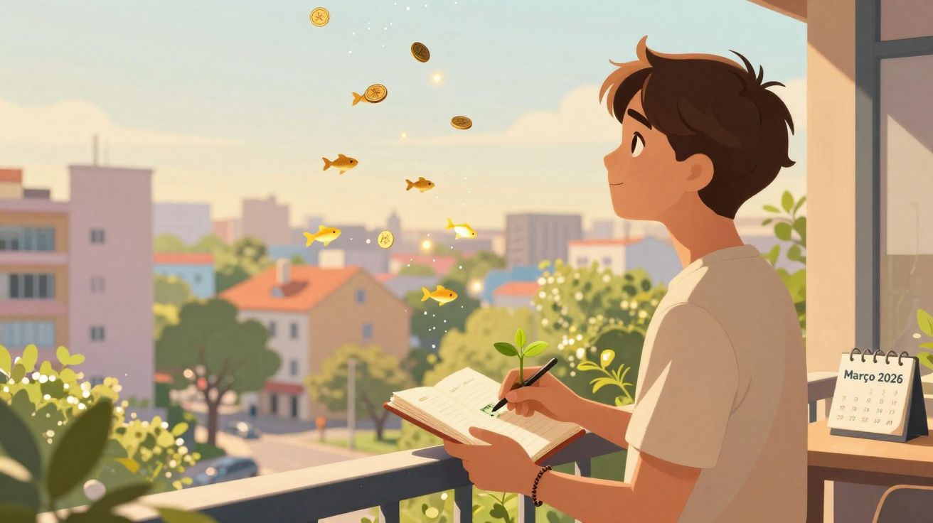 Jovem observa peixes dourados e moedas flutuando enquanto escreve em caderno na varanda ao amanhecer.