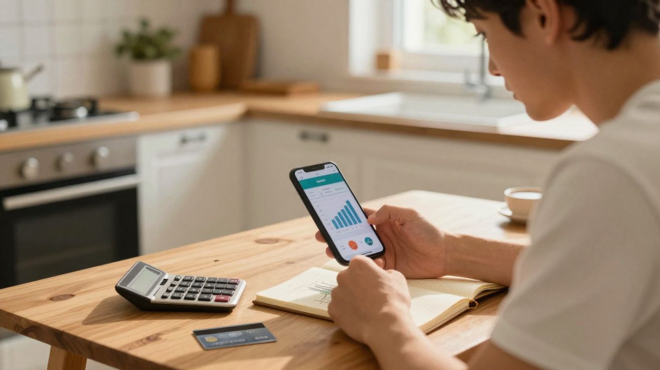 Pessoa revisando gráficos financeiros no celular em uma mesa com calculadora, cartão e caderno em cozinha.
