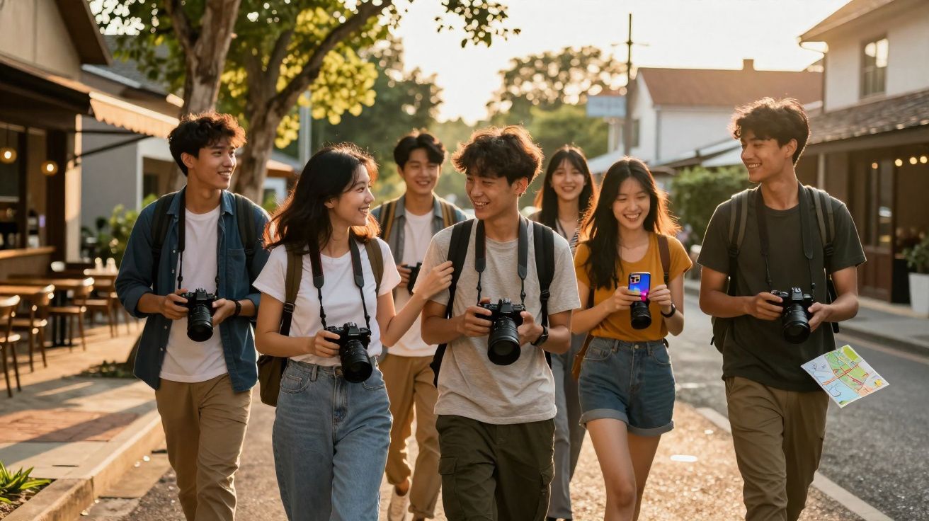Grupo de jovens caminhando e sorrindo com câmeras e mapa em rua ensolarada de bairro residencial.