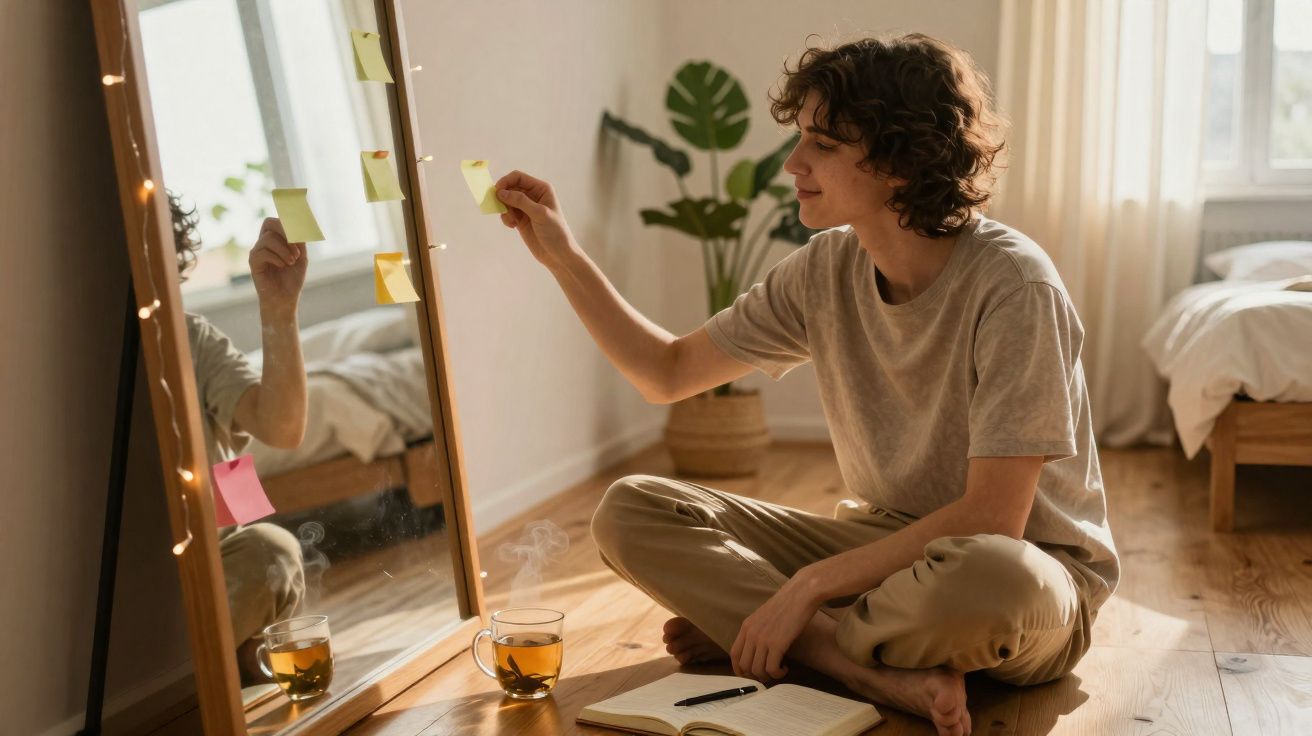 Jovem sentado no chão, colando recados em espelho, com caderno e chá ao lado em quarto iluminado.