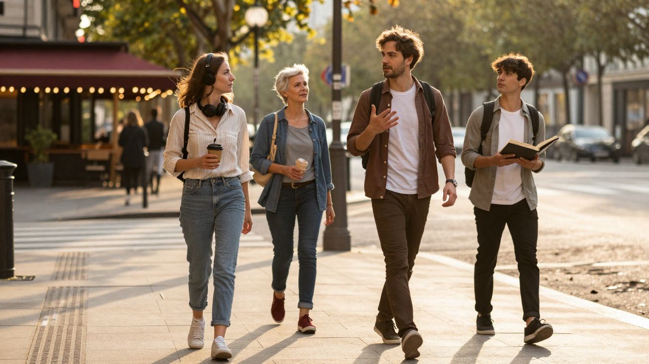 Quatro pessoas caminhando na calçada de uma rua urbana ensolarada, duas segurando copos de café.