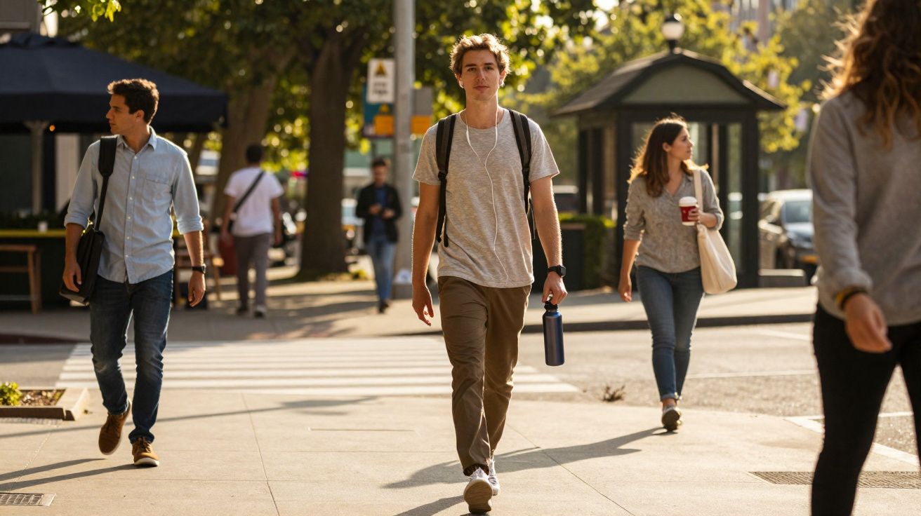 Jovens caminhando em calçada urbana ensolarada, com árvores e estrutura de ponto de ônibus ao fundo.