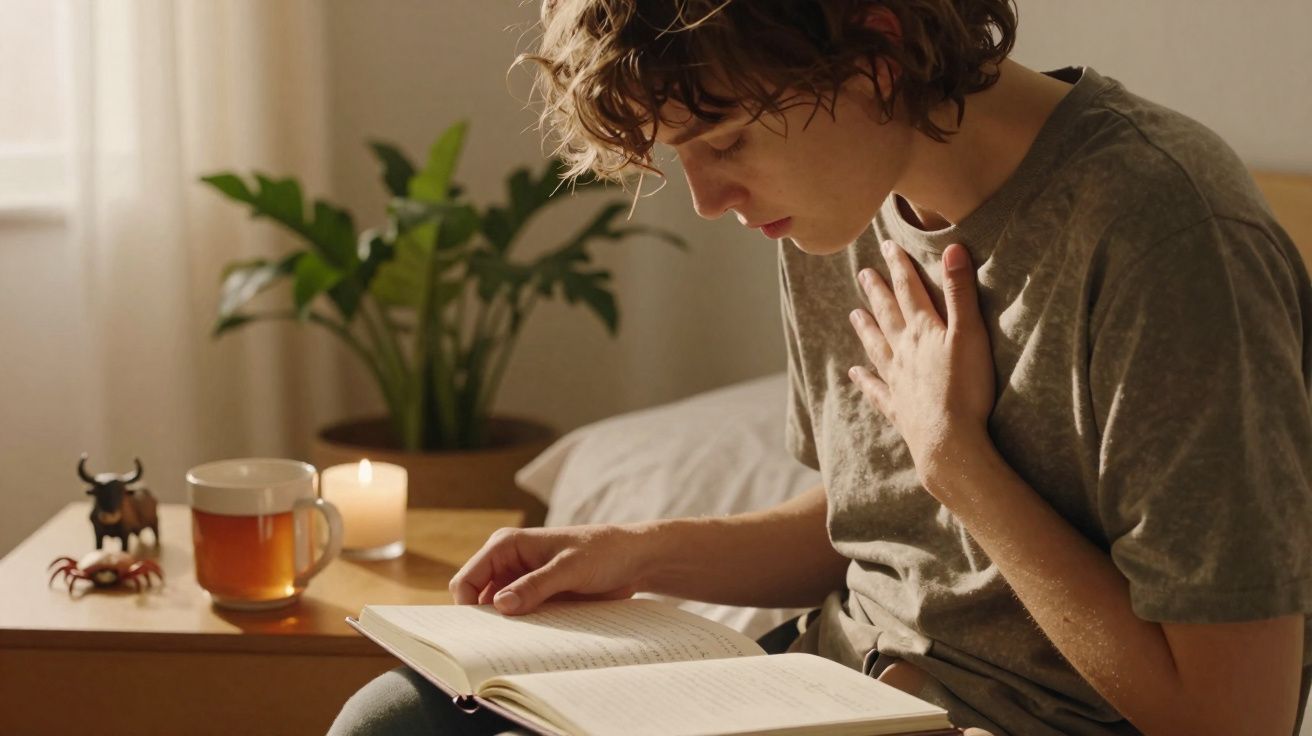 Pessoa lendo livro sentada na cama com planta, vela acesa e xícara de chá ao lado.