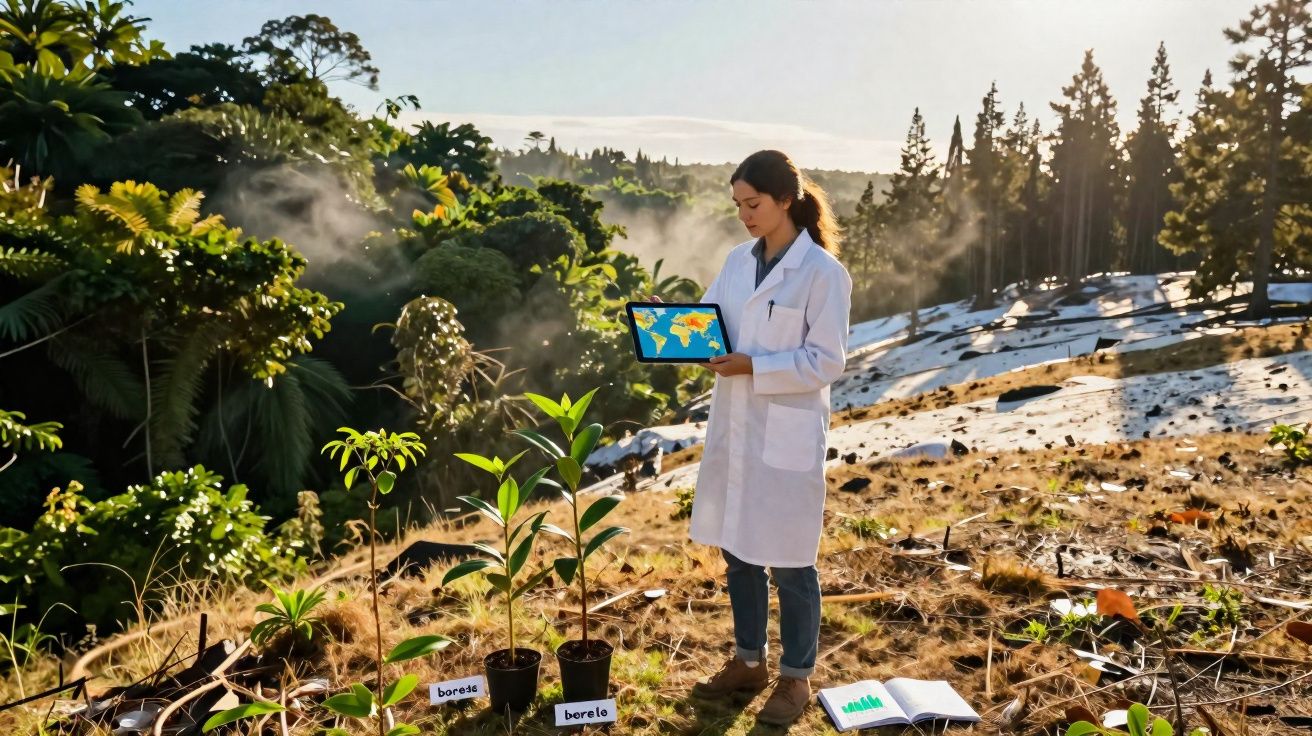Mulher cientista com jaleco analisa mapa climático em tablet em área natural com plantas e neve ao fundo.