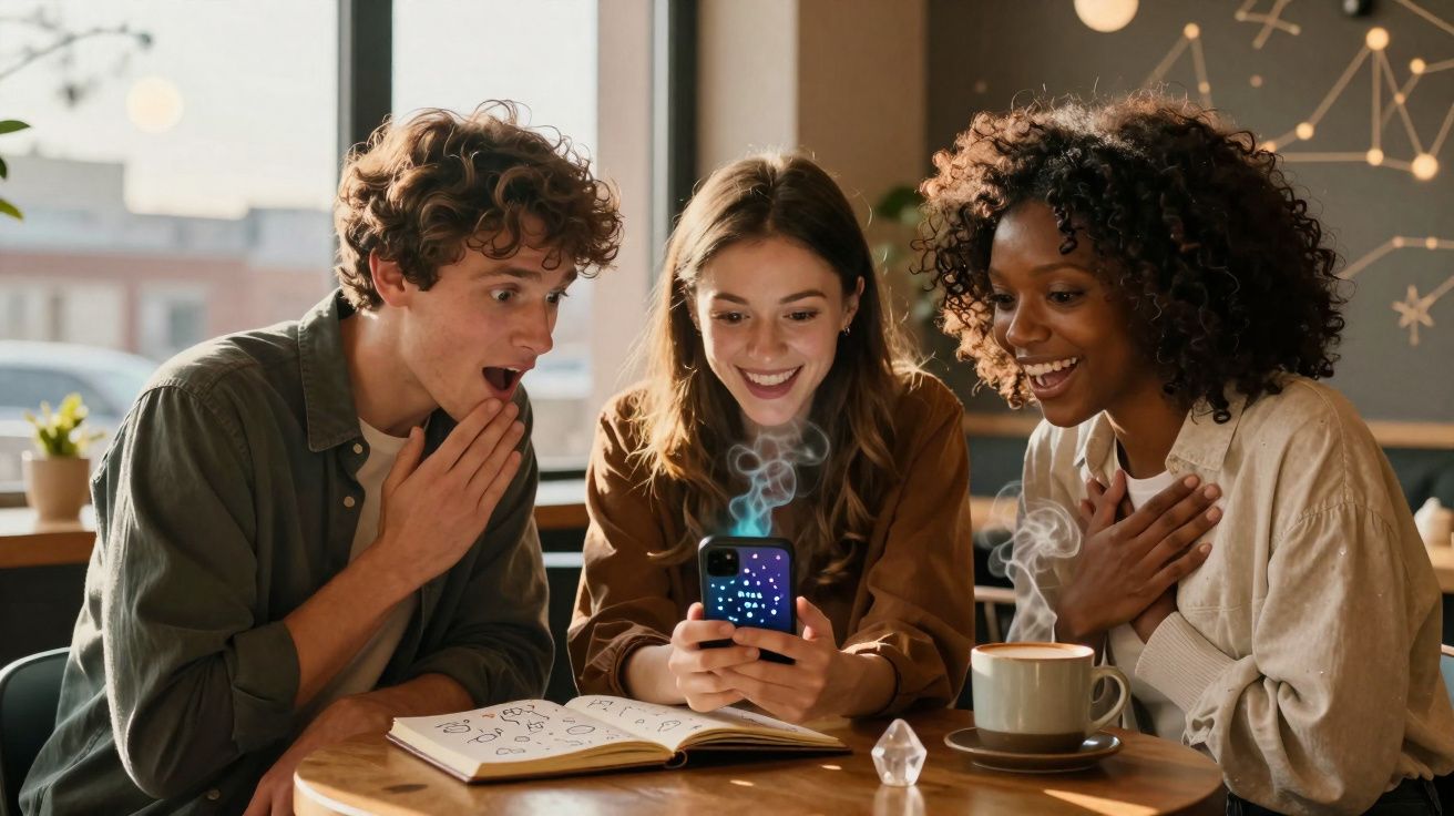 Três jovens sentados em mesa de café olhando surpresos para celular com fumaça saindo da tela.