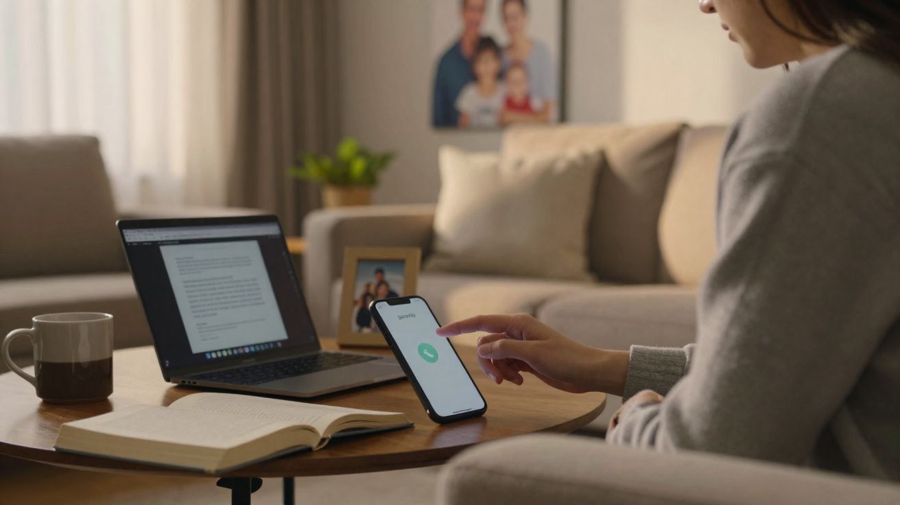 Pessoa sentada em sala com notebook aberto, livro, caneca, e segurando celular com chamada ativa.