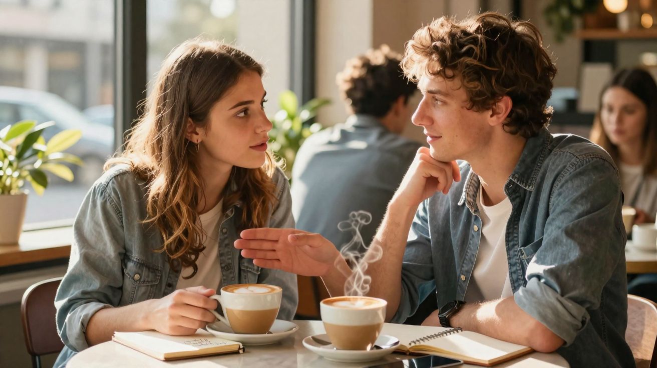Casal jovem conversando em cafeteria, com dois cafés e cadernos sobre a mesa.