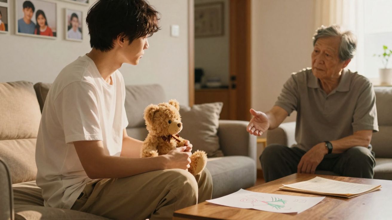Jovem segurando ursinho de pelúcia conversa com idoso sentado em sofá em sala iluminada.