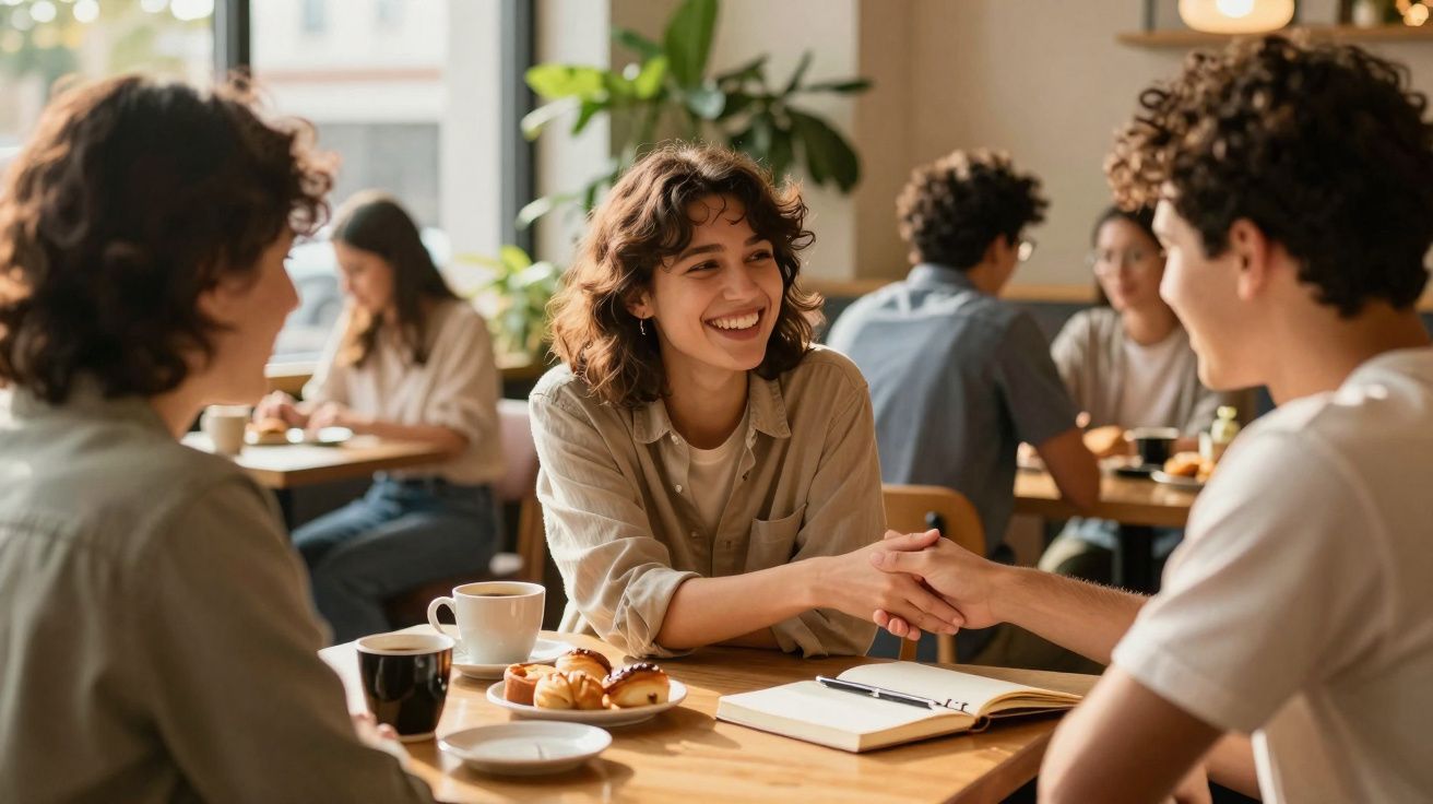 Pessoas sorrindo cumprimentando-se em café com cadernos e comidas na mesa em ambiente iluminado.