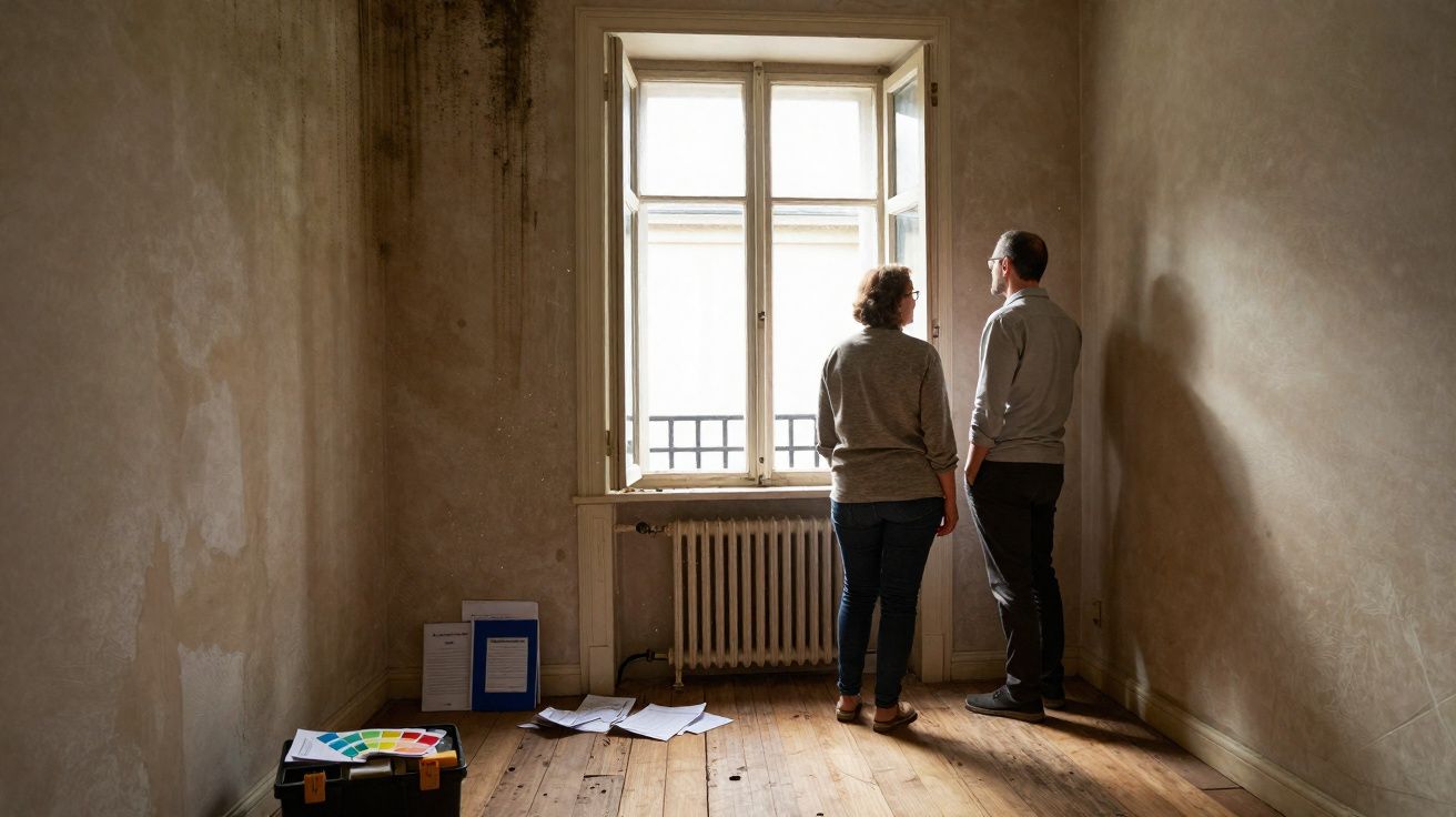 Casal em apartamento vazio olhando pela janela, ao lado documentos e amostras de cor no chão.