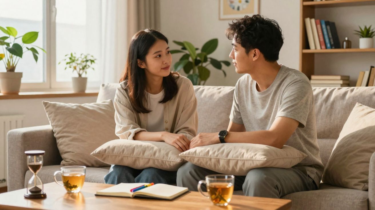 Casal sentado no sofá conversando, com almofadas no colo e chá sobre a mesa à frente.