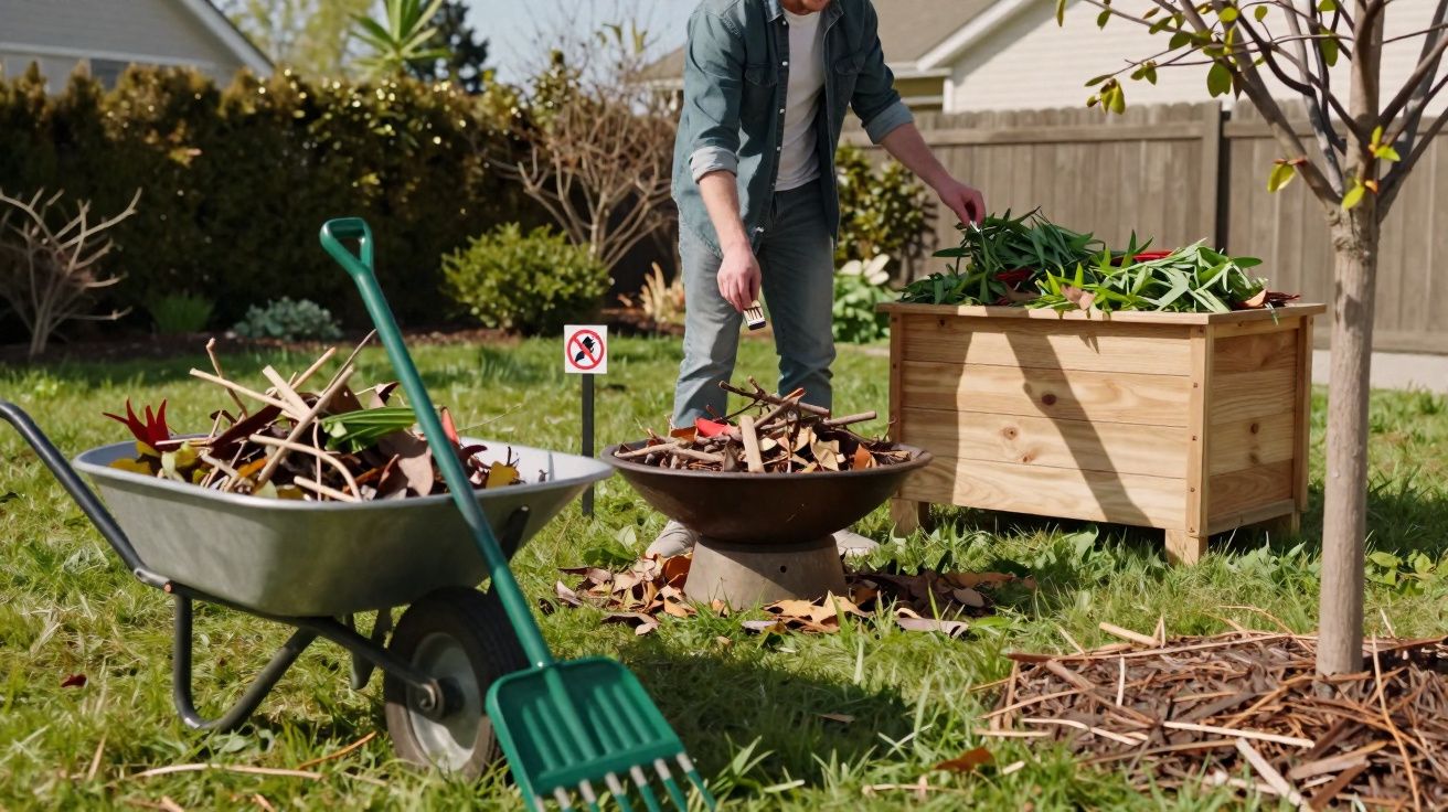 Homem preparando fogueira no jardim cercado por carrinho de mão, rastelo e caixa de madeira com galhos.