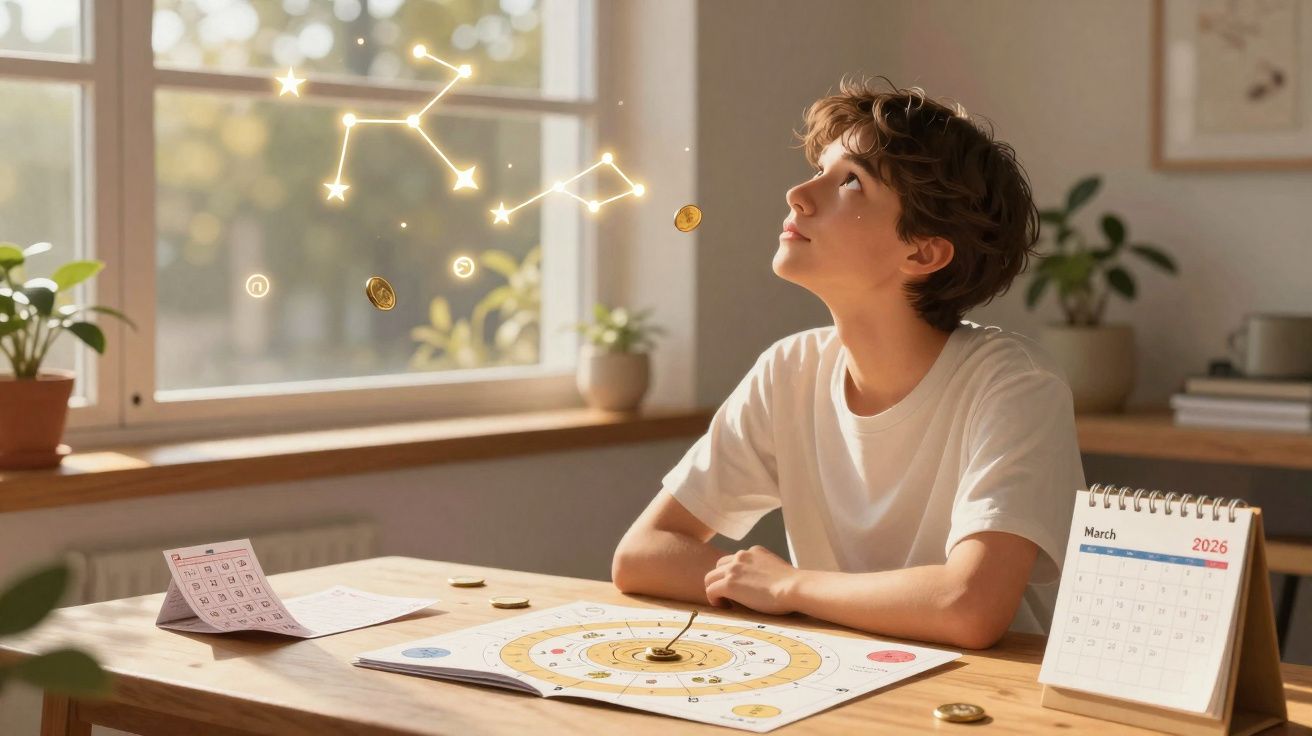 Jovem em mesa com mapa astral observa constelações brilhantes flutuando perto da janela iluminada.