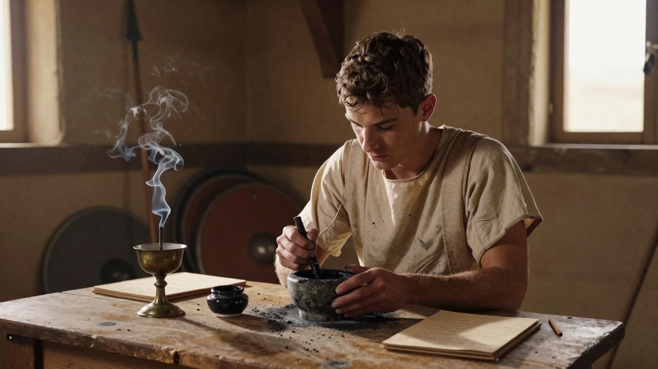 Jovem prepara tinta ou pigmento em pilão enquanto escreve em mesa de madeira em ambiente iluminado.