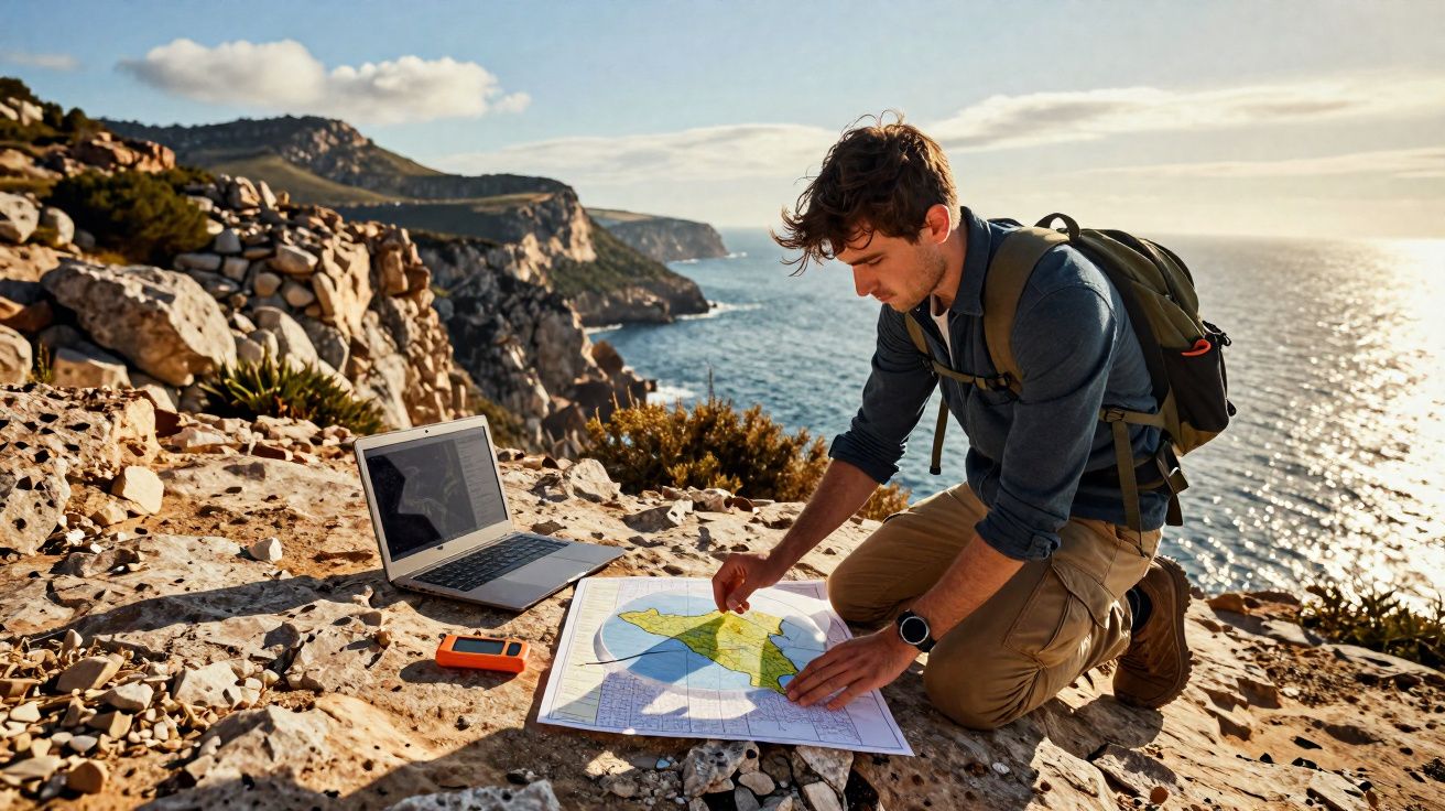 Homem com mochila usando mapa e laptop sobre pedras à beira de penhasco com vista para o mar.
