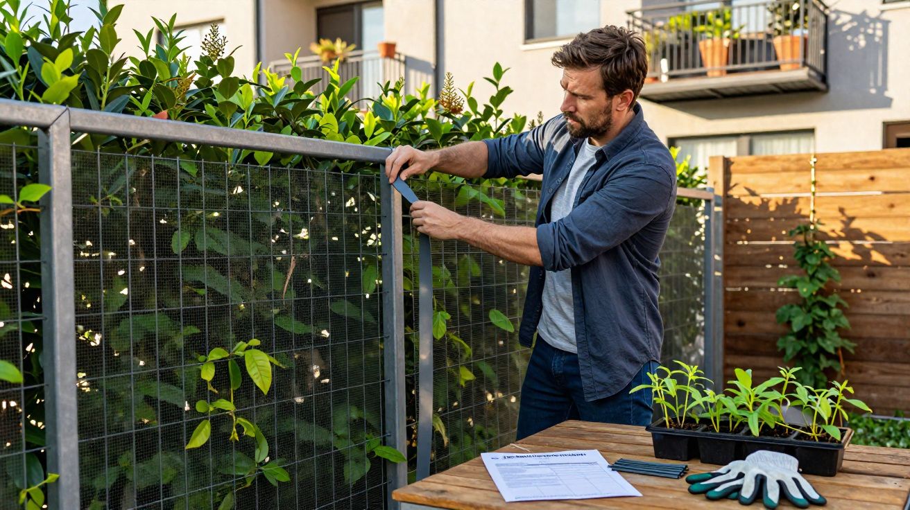 Homem ajusta tela de cerca metálica em jardim residencial com plantas ao redor.