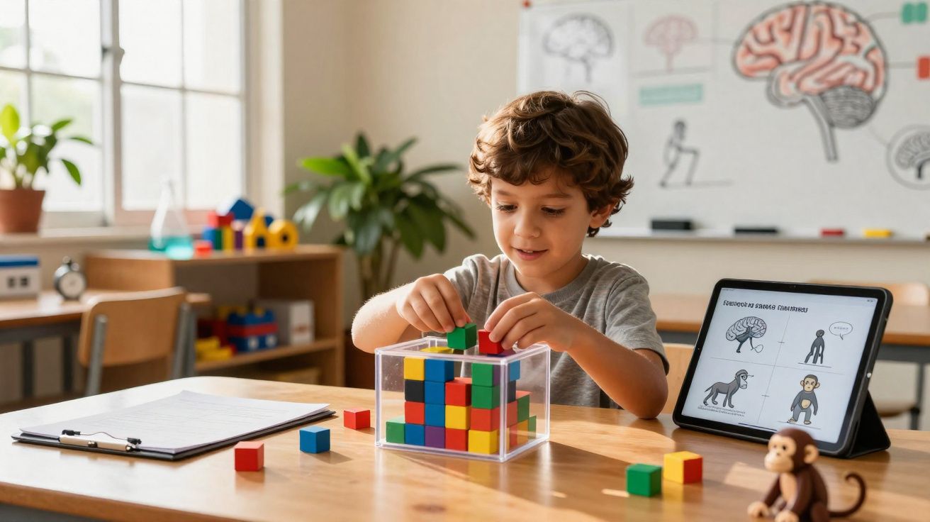 Menino em sala de aula montando cubos coloridos enquanto observa tablet com ilustrações de cérebro e macaco.