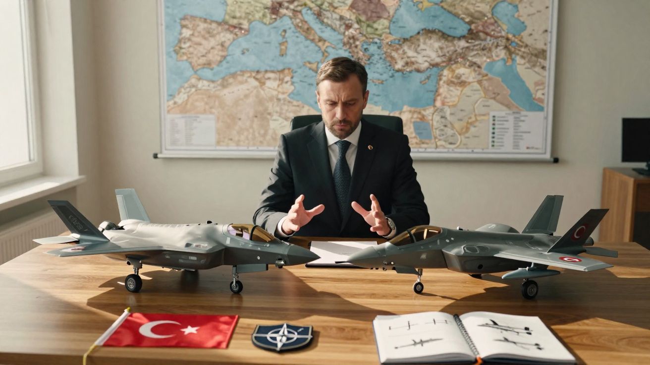 Homem em terno sentado à mesa com dois modelos de aviões militares e mapas ao fundo.