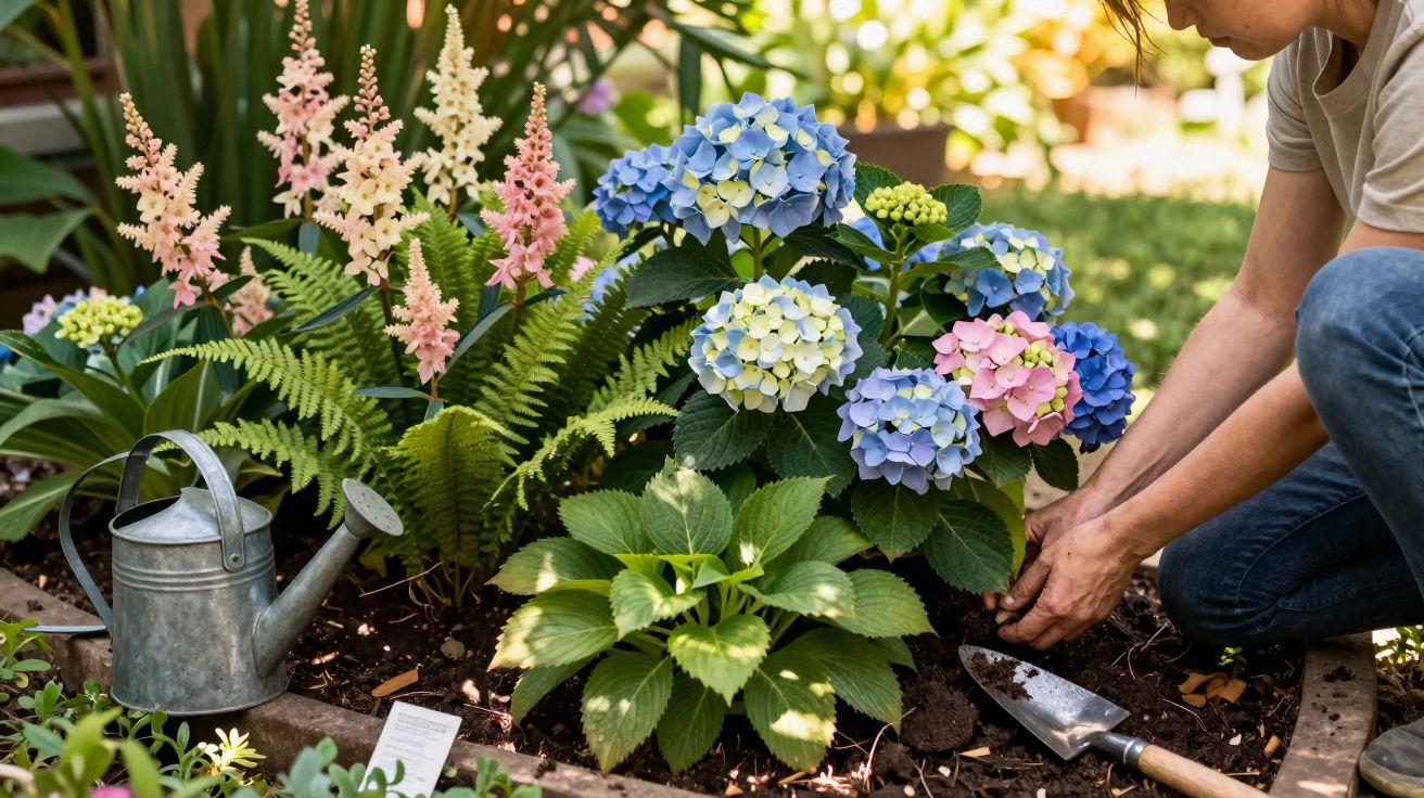 Pessoa cuidando de hortênsias coloridas e outras plantas em jardim com regador metálico ao lado.