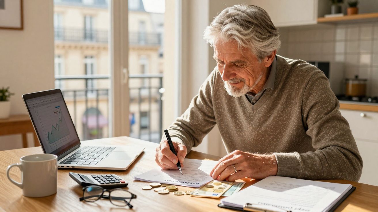 Homem idoso sentado à mesa com laptop, calculadora, dinheiro e documentos financeiros.