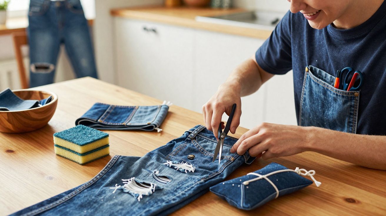 Pessoa cortando jeans rasgado com tesoura em mesa de madeira, ao redor materiais de costura.