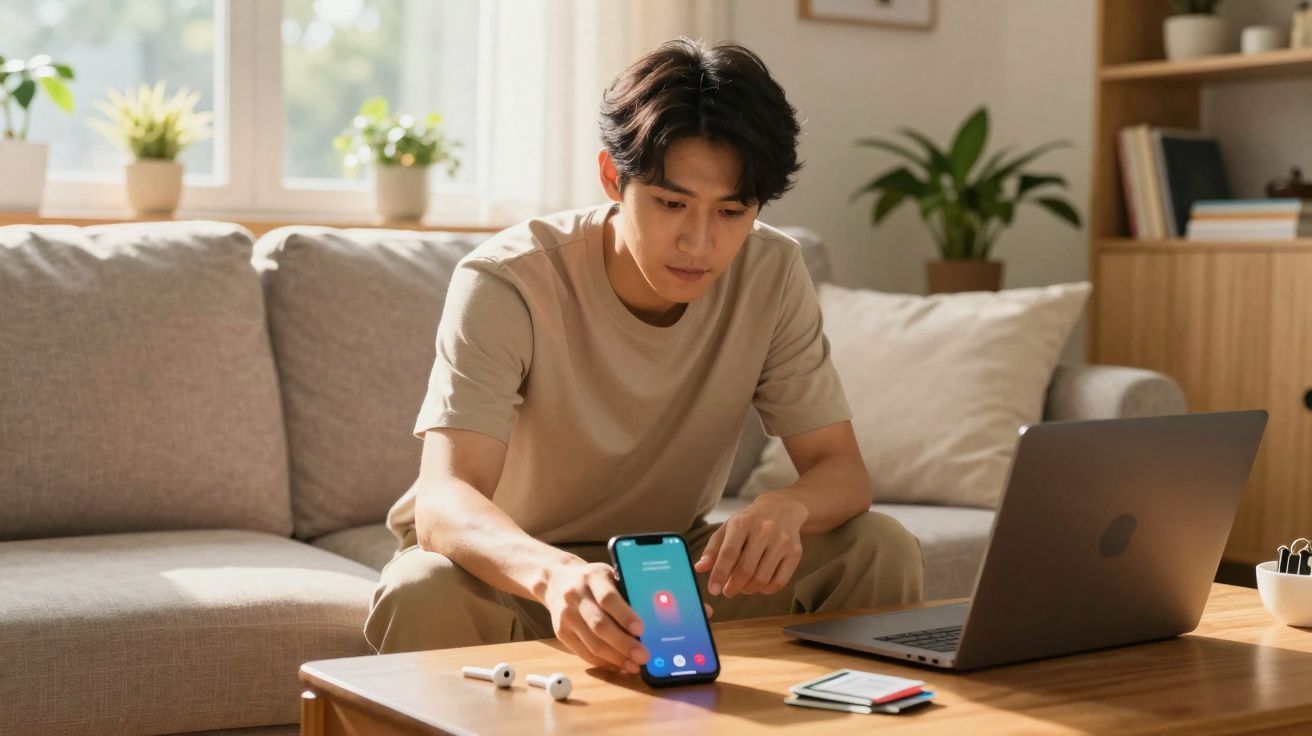 Homem sentado no sofá segurando celular com chamada em andamento, laptop aberto sobre mesa.