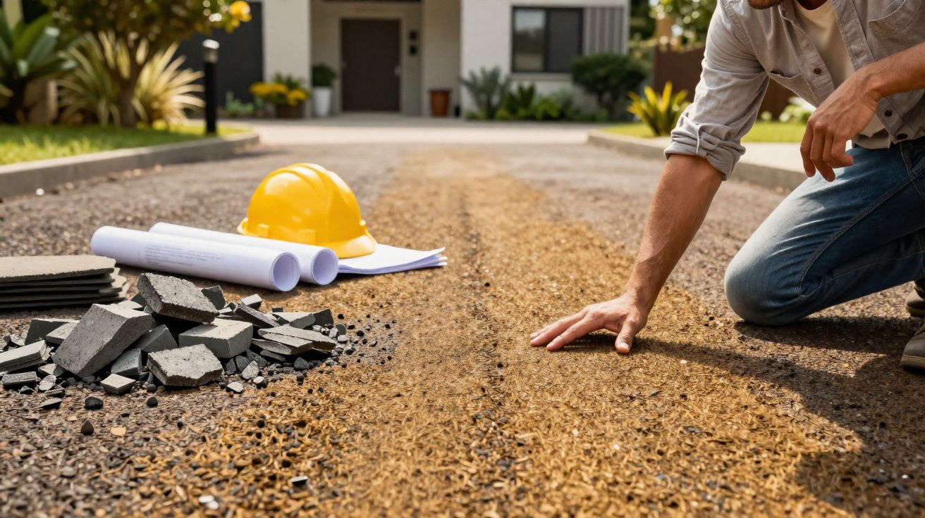 Pessoa agachada tocando no chão de cascalho, ao lado de capacete amarelo, plantas e plantas quebradas.