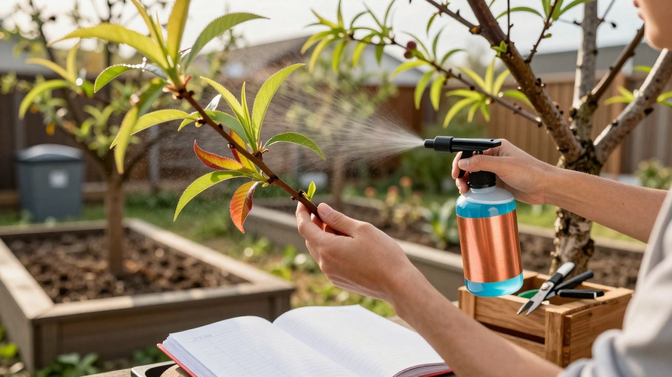 Pessoa borrifando líquido em galho de planta em jardim com caderno e ferramentas ao lado.