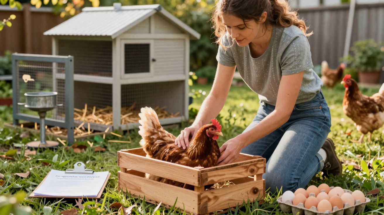 Mulher cuidando de galinha em caixa de madeira no quintal com galinheiro e ovos ao redor.