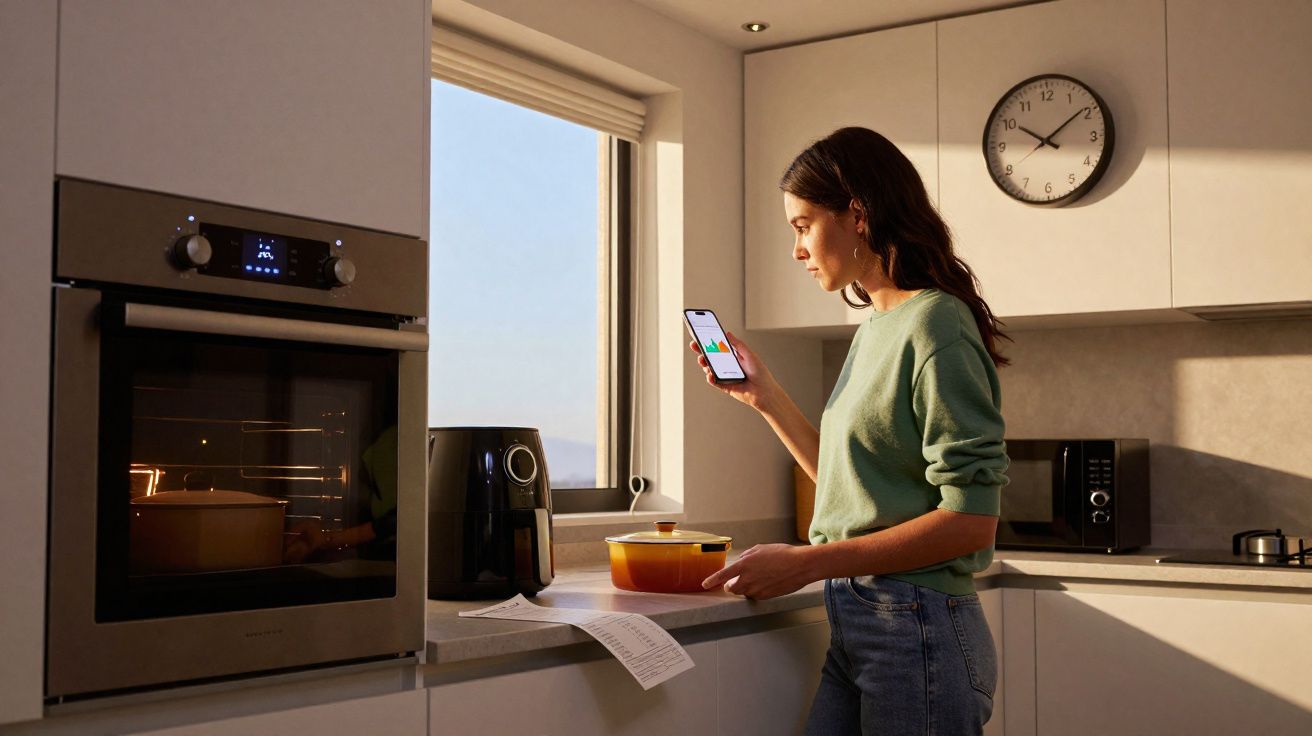 Mulher conferindo receita no celular enquanto prepara comida em cozinha moderna com forno ligado.