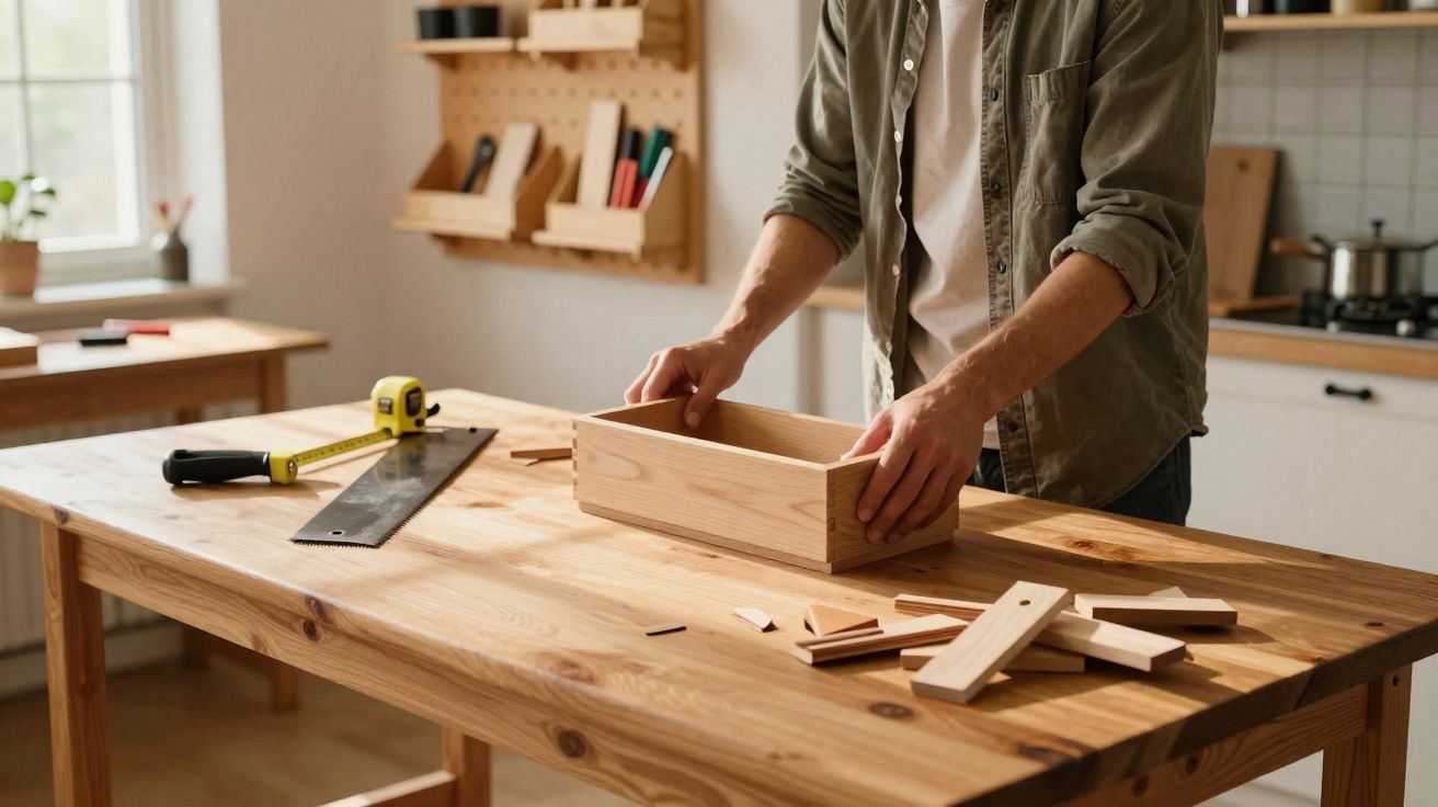 Pessoa montando caixa de madeira em bancada com ferramentas de marcenaria em oficina iluminada.