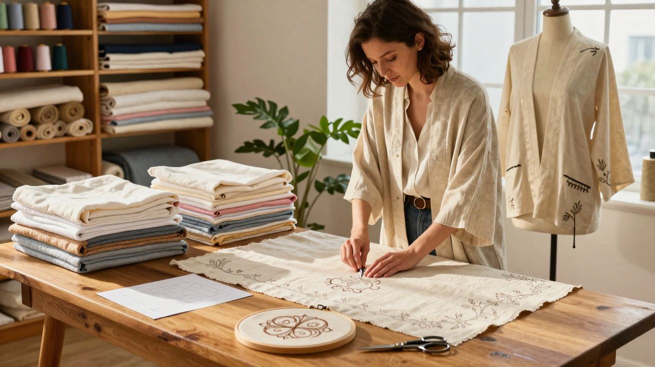 Mulher bordando tecido branco em mesa de madeira, cercada por roupas e materiais de costura.