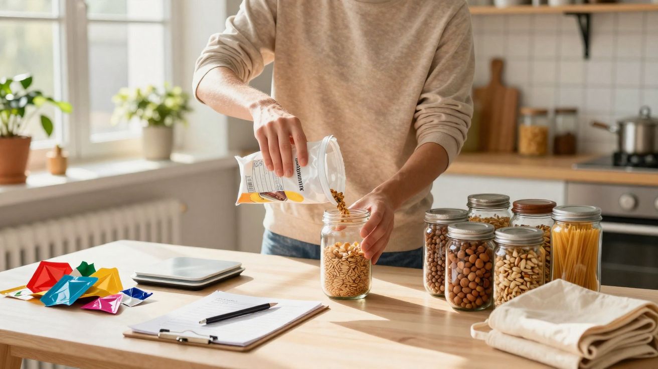 Pessoa enchendo pote de vidro com cereais em cozinha organizada com potes e utensílios sobre a bancada.