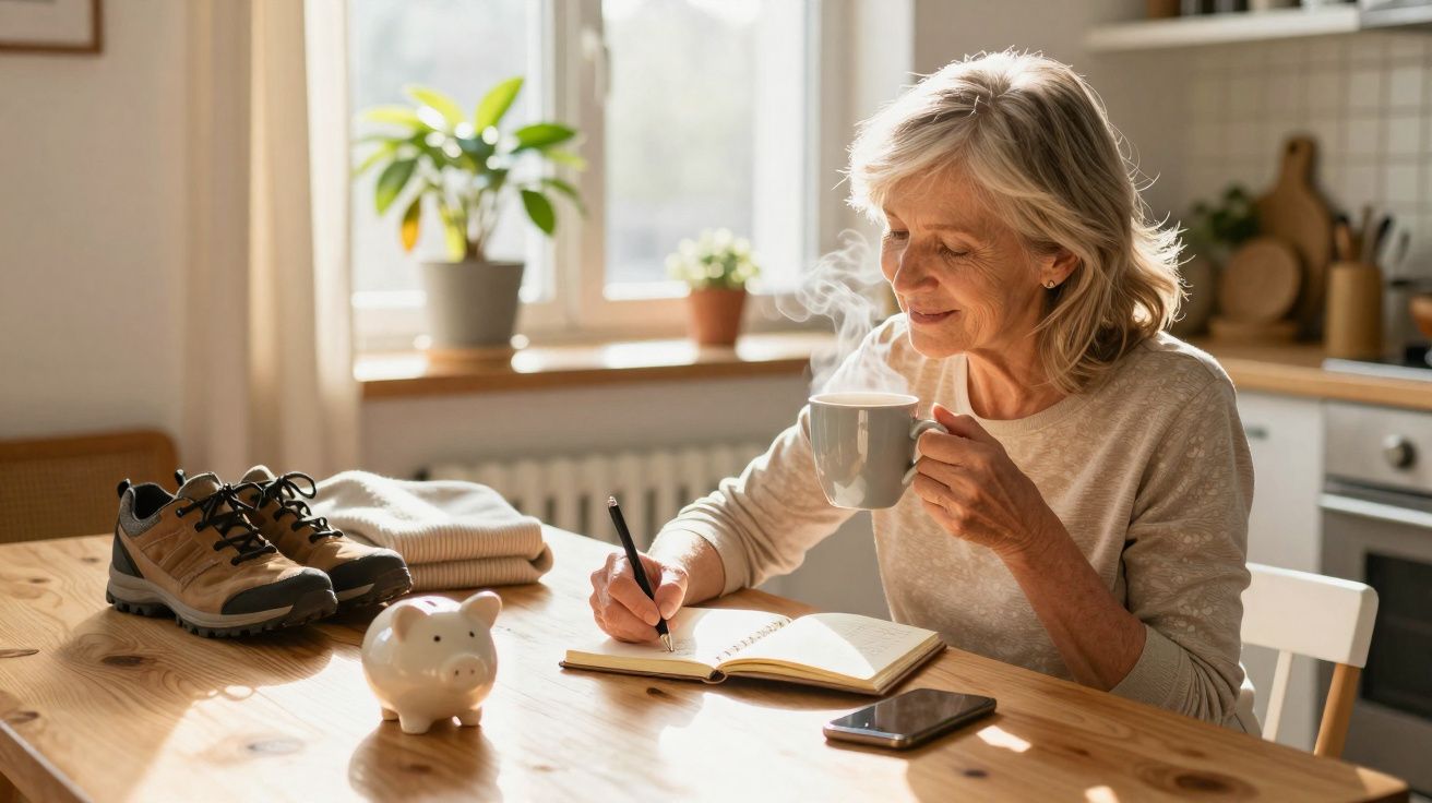 Mulher idosa sentada à mesa escrevendo em caderno e tomando café em ambiente iluminado e aconchegante.